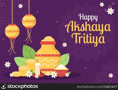 Akshaya Tritiya Festival with a Golden Kalash, Pot and Gold Coins for Dhanteras Celebration on Indian in Decorated Background Template Illustration