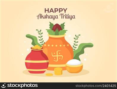 Akshaya Tritiya Festival with a Golden Kalash, Pot and Gold Coins for Dhanteras Celebration on Indian in Decorated Background Template Illustration