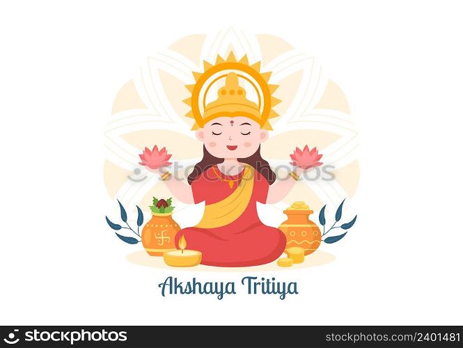 Akshaya Tritiya Festival with a Golden Kalash, Pot and Gold Coins for Dhanteras Celebration with Maa Lakshmi on Indian in Decorated Background Template Illustration