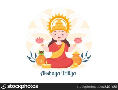 Akshaya Tritiya Festival with a Golden Kalash, Pot and Gold Coins for Dhanteras Celebration with Maa Lakshmi on Indian in Decorated Background Template Illustration