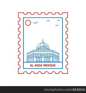 AL AQSA MOSQUE postage stamp Blue and red Line Style, vector illustration