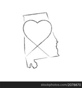 Alabama US state hand drawn pencil sketch outline map with heart shape. Continuous line drawing of patriotic home sign. A love for a small homeland. T-shirt print idea. Vector illustration.. Alabama US state hand drawn pencil sketch outline map with the handwritten heart shape. Vector illustration