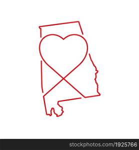 Alabama US state red outline map with the handwritten heart shape. Continuous line drawing of patriotic home sign. A love for a small homeland. T-shirt print idea. Vector illustration.. Alabama US state red outline map with the handwritten heart shape. Vector illustration