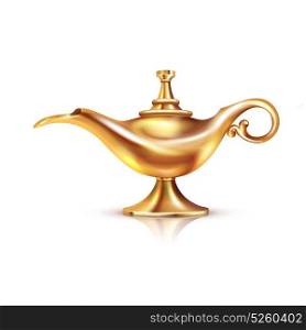 Aladdin Lamp Isolated Composition. Aladdin lamp isolated composition with cumbersome image of magic golden vessel in classic oriental style vector illustration