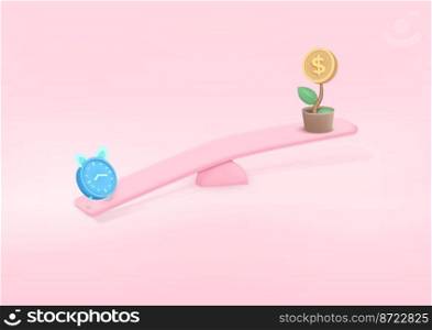 Alarm clock and 3d money tree plant with coin icon. on weighing scales, concept of finance, money exchange rates with time, trendy style. 3d render illustration