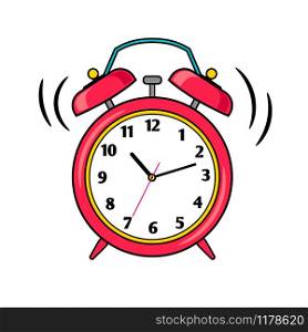 Alarm clock. Cartoon red ringing alert reminder vector illustration, comic waking up morning alarmclock symbol isolated on white background. Cartoon red ringing alarm clock