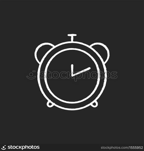 Alarm clock chalk white icon on black background. Retro mechanical watch. Countdown to deadline. Office clock. Analog timepiece. Timer for work. Morning alert. Isolated vector chalkboard illustration. Alarm clock chalk white icon on black background