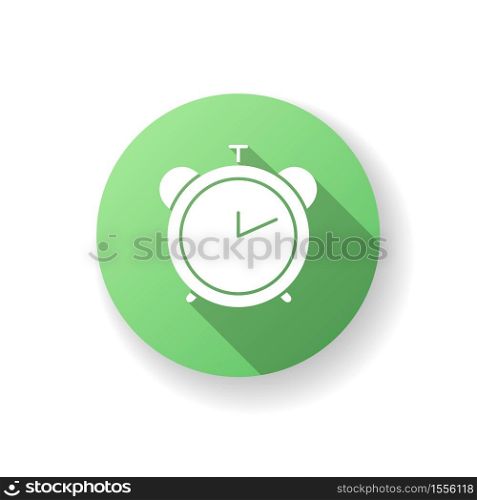 Alarm clock green flat design long shadow glyph icon. Retro mechanical watch. Office clock. Analog timepiece. Timer for work. Morning alert. Second and hour arrows. Silhouette RGB color illustration. Alarm clock green flat design long shadow glyph icon