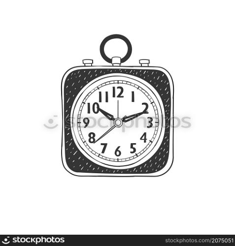 Alarm clock. Hand-drawn square table clock. Illustration in sketch style. Vector image