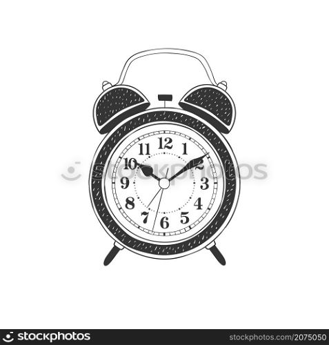 Alarm clock. Hand-drawn table clock. Illustration in sketch style. Vector image