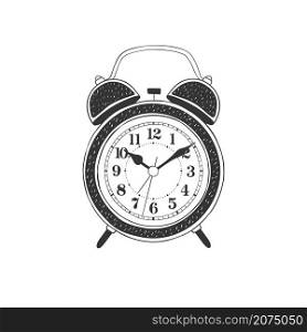Alarm clock. Hand-drawn table clock. Illustration in sketch style. Vector image