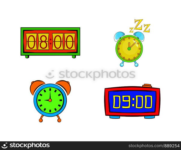 Alarm clock icon set. Cartoon set of alarm clock vector icons for your web design isolated on white background. Alarm clock icon set, cartoon style