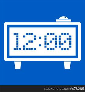 Alarm clock icon white isolated on blue background vector illustration. Alarm clock icon white