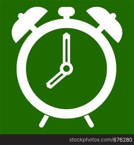 Alarm clock icon white isolated on green background. Vector illustration. Alarm clock icon green