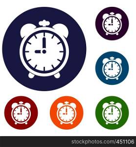 Alarm clock icons set in flat circle reb, blue and green color for web. Alarm clock icons set