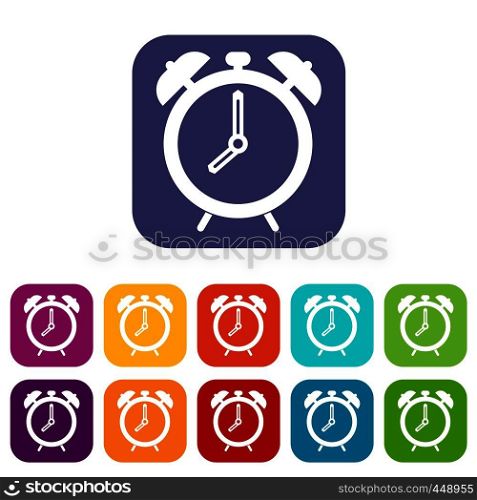 Alarm clock icons set vector illustration in flat style In colors red, blue, green and other. Alarm clock icons set flat