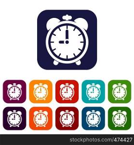 Alarm clock icons set vector illustration in flat style In colors red, blue, green and other. Alarm clock icons set