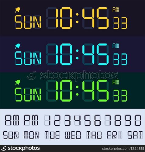 Alarm clock lcd display font. Electronic clocks numbers, digital screen hours and minutes. Retro display text vector set. Glowing time interface with digits. Alarm clock lcd display font. Electronic clocks numbers, digital screen hours and minutes. Retro display text vector set