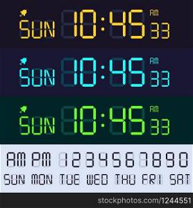 Alarm clock lcd display font. Electronic clocks numbers, digital screen hours and minutes. Retro display text vector set. Glowing time interface with digits. Alarm clock lcd display font. Electronic clocks numbers, digital screen hours and minutes. Retro display text vector set