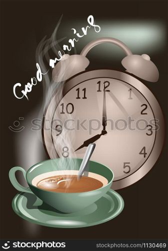 alarm clock morning and cup with tea or coffee