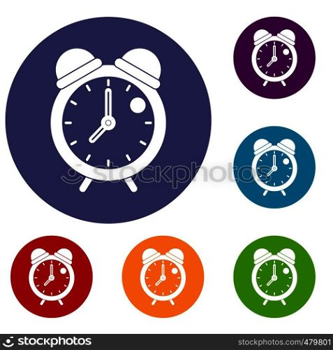 Alarm clock retro classic design icons set in flat circle red, blue and green color for web. Alarm clock retro classic design icons set