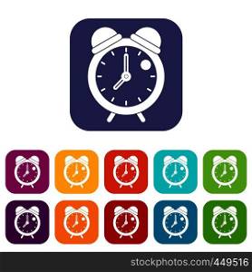 Alarm clock retro classic design icons set vector illustration in flat style In colors red, blue, green and other. Alarm clock retro classic design icons set flat