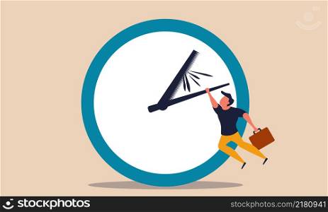 Alarm clock time management with fall man. Office overtime work and hand hold minute vector illustration concept. Business losing people and forward success. Project rush and deadline job