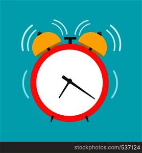 Alarm clock vector front view flat icon. Work time retro red round reminder