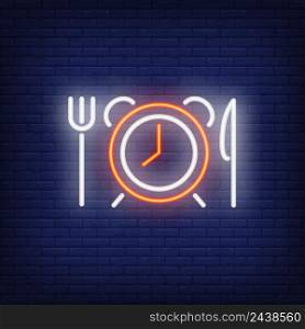Alarm clock with fork and knife neon sign. Breakfast, morning concept. Advertisement design. Night bright neon sign, colorful billboard, light banner. Vector illustration in neon style.