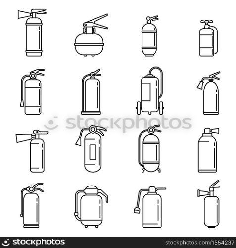 Alarm fire extinguisher icons set. Outline set of alarm fire extinguisher vector icons for web design isolated on white background. Alarm fire extinguisher icons set, outline style
