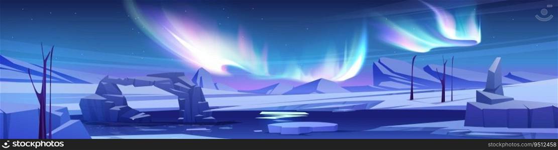 Alaska night cartoon panoramic background with polar aurora. North sky and borealis phenomenon in peaceful winter environment. Freeze lake scenery outdoor sweden landscape illustration with nobody. Alaska night cartoon background with polar aurora