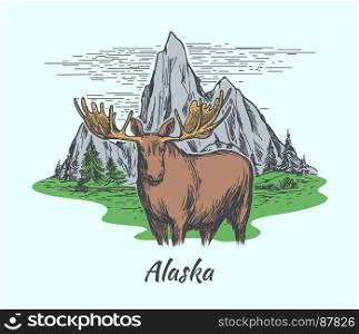 Alaska poster with moose and mountains. Alaska poster. Moose, fir forest and mountains. Hand drawn style. Vector illustration