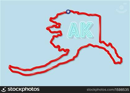 Alaska US state bold outline map. Glossy red border with soft shadow. Two letter state abbreviation. Vector illustration.. Alaska US state bold outline map. Vector illustration