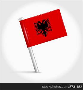 Albania map pin flag icon. Albanian pennant map marker on a metal needle. 3D realistic vector illustration.. Albania map pin flag. 3D realistic vector illustration