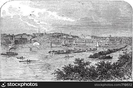 Albany, New York, in 1890. Capital city of New York state. Engraving. Vintage engraved illustration of the famous capital. Lively scenic engraving of the bay.