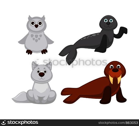 Albino and North Pole adorable cute animals set. White owl, fluffy fox, friendly fur seal with blue eyes and walrus with huge tusks isolated cartoon flat vector illustrations on white background.. Albino and North Pole adorable cute animals set