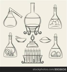 Alchemical vessels or vintage lab equipment. Alchemical vessels. Hand drawn chemistry and biology vintage science lab equipment. Vector illustration
