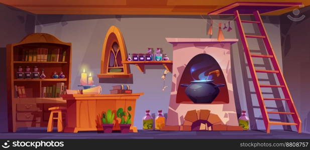 Alchemist, witch or wizard room with books, potions, candles and cauldron in stove. Magician laboratory or alchemy shop interior with flasks and bottles on shelves, vector cartoon illustration. Alchemist or wizard room with books, potions