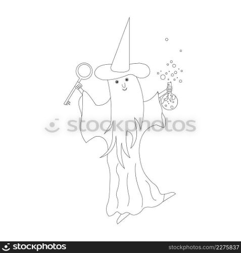 Alchemist with a flask and a key in his hand. Monochrome outline cartoons sketch for coloring book