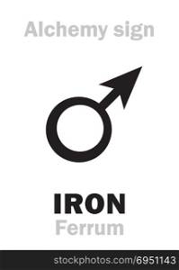 Alchemy Alphabet: IRON (Ferrum, Chalybs; Mars), one of seven ancient metals; eq.: iron, steel. Chemical formula=[Fe]. Medieval alchemical sign (mystic hieroglyphic symbol).