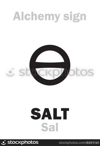 Alchemy Alphabet: SALT (Sal / Sal terrae, Sal maris, Sal commune), one of three primes; also: rock salt, sea salt, regular salt. Chemical formula=[NaCl]. Medieval alchemical sign (mystic symbol).