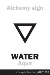 Alchemy Alphabet: WATER (Aqua), one of primary elements, state: Liquid. Chemical formula=[H2O]. Medieval alchemical sign (mystic hieroglyphic symbol).
