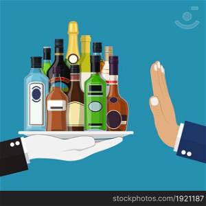 Alcohol abuse concept. Hand gives Alcohol drinks. Stop alcoholism. Rejection Bottles with vodka champagne wine whiskey tequila cognac liquor vermouth gin rum. Vector illustration flat style. Alcohol abuse concept