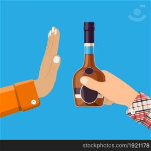 Alcohol abuse concept. Hand gives bottle of Alcohol to other hand. Stop alcoholism. Rejection. Vector illustration in flat style. Alcohol abuse concept.