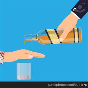 Alcohol abuse concept. Hand gives bottle of whiskey to other hand. Stop alcoholism. Rejection. Vector illustration in flat style. Alcohol abuse concept.
