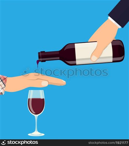 Alcohol abuse concept. Hand gives bottle of wine to other hand. Stop alcoholism. Rejection. Vector illustration in flat style. Alcohol abuse concept.