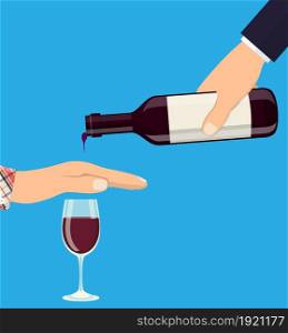 Alcohol abuse concept. Hand gives bottle of wine to other hand. Stop alcoholism. Rejection. Vector illustration in flat style. Alcohol abuse concept.