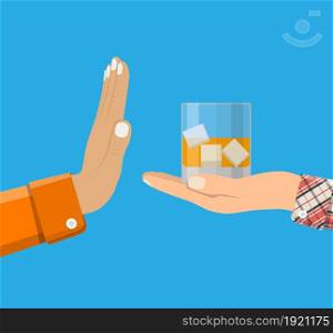 Alcohol abuse concept. Hand gives glass of whiskey to other hand. Stop alcoholism. Rejection. Vector illustration in flat style. Alcohol abuse concept.