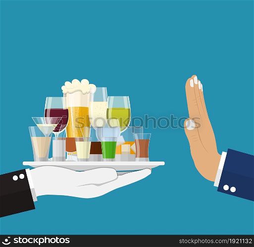 Alcohol abuse concept. Hand gives glasses Alcohol drinks. Stop alcoholism. Rejection Bottles with vodka champagne wine whiskey tequila cognac liquor vermouth gin rum. Vector illustration flat style. Alcohol abuse concept