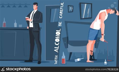 Alcohol addiction flat composition with alcohol be careful and before and after situations vector illustration